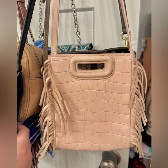 Maje Fringed Pale Pink Croc-Embossed Women's Mini Bag - Picture 2 of 7